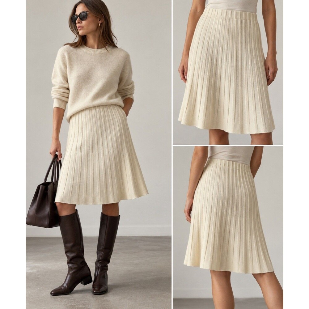 Vintage Givenchy Sport Ivory Pleated Knit Skirt Cream Ribbed Quiet Luxury Work
